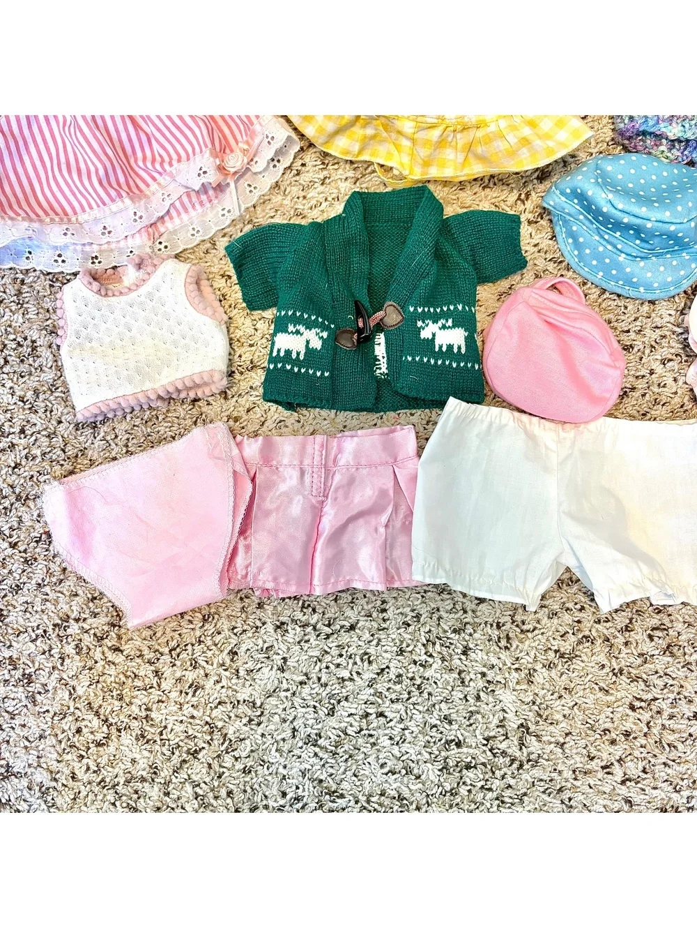 Vintage Doll Clothes & Accessories Lot – Mixed Outfits, Hats, Sweaters, Blankets
